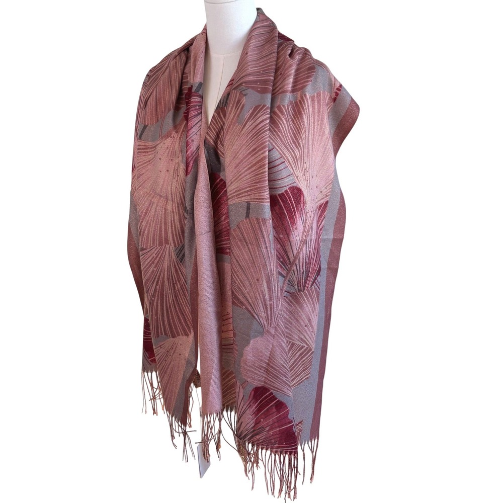 NEW Enrico Coveri Rose Gold Metallic Ginkgo Leaf Viscose Wrap Scarf Shawl‎